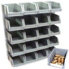 20 GREY PLASTIC PARTS STORAGE BINS WITH WALL RAILS