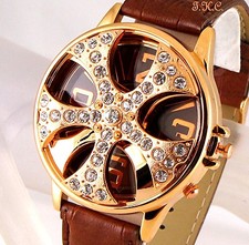 XL Gent Mens Brown Leather Bling Crystal Gold Rapper Spin Ice Pimp Gangsta Watch