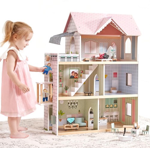 Large pink wooden - wooden, dollhouse