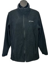 COLUMBIA BLACK ZIP JACKET SMALL WOMENS TEXTURED WALKING WINTER FLEECE WHITE LOGO