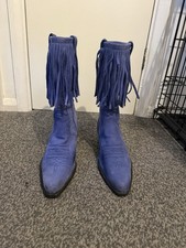 Joe Sanchez Women’s Blue Suede Cowboy Boots With Fringe Size 5