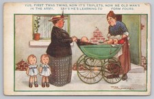 Comic Fred Maurice Postcard Triplets Twins Pram Form Fours UK