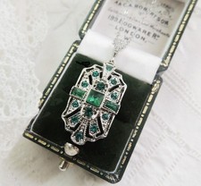 Vintage Art Deco 1920's Inspired Paste Geometric Emerald Green  Drop Necklace 💗