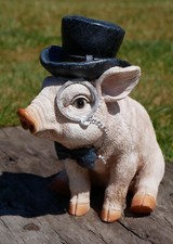 Pig with Monocle Top Hat and Dickie Bow Garden Ornament Statue Decor Figurine