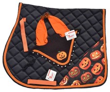 Halloween Black Horse Saddle Pad and Fly Veil Set Equestrian Tack Ghost  zainee