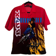 Men's Shirt BMX Bike Size MEDIUM Red Fire Short Sleeve J/E/T Street Wear Buttons