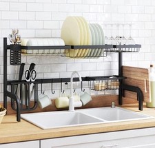 HOMCOM Over The Sink Dish Drying Rack 2 Tier Adjustable Dish Drainer Black - NEW