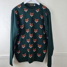 Run & Fly Fox Print Knit Jumper Mens Large Made In England Green Autumn