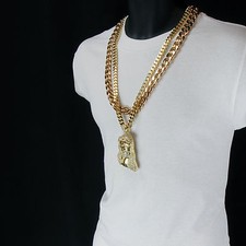 Gold Plated Jesus Piece Pendant Cubic-Zirconia Two 30" Cuban Chain