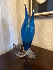 murino hand made blown  blue glass sword fish vase