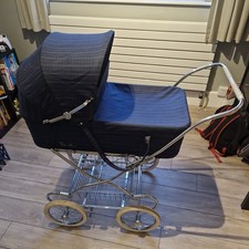 Vintage Silver Cross Charlton Pram Steel Body Navy Blue & purple stripe cot