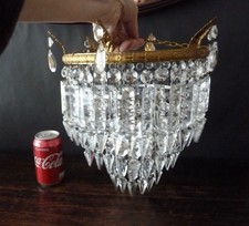 Antique Small 3 Tier Crystal Waterfall Chandelier on Brass Frame Faceted h27cm