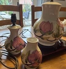2 Moorcroft Pottery Lamp Bases and Vase In Magnolia Pattern