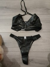 BN Vintage Darker Desires Black Faux Leather Strap Stud Cage Bra/Thng Set One Sz