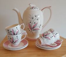 Crownford Burslem Coffee Pot, 4 Espresso Cups & 6 Saucers, Pink & Grey Leaf