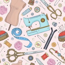 100% Cotton Digital Printed Fabric Sewing Themed Motifs Vintage Notion Design