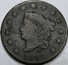 1821 Coronet Head Large Cent VF Coin... Minor Marks, Still Pleasing, Tough Date!