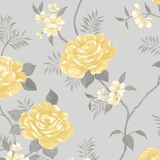 Yellow Flowers Grey Pearl Effect Sheen Floral Muriva Darcy James Wallpaper