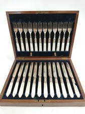 Antique Mother of Pearl Handled Cutlery Set in Wood Case - 24 Pieces Collectible