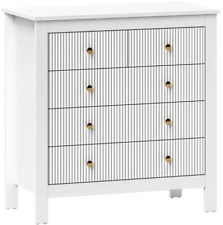 HOMCOM Fluted Bedroom Chest of Drawers w/ 5 Drawers Gold Tone Handles White New