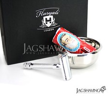 Mens Shaving Kit Silver Double Edged Safety Razor With Shaving Soap and Bowl Set