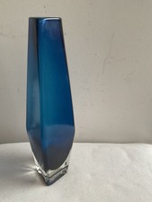 Vintage Blue to dark blue to clear  glass diamond  base VASE,HEIGHT 19 cms