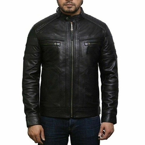 Men black vintage biker jacket - black,