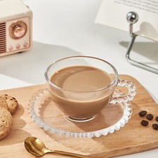 Pearl Beaded Glass Cup and Saucer Set, Modern Tea and Coffee Drinkware Set