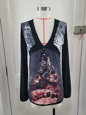 Save The Queen Abstract Print Long Sleeve Top Size Large Stretchy Black Grey 