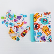 Blue Monster Print Burp Cloths x2 & Rabbit Ear Teether Gift Set Handmade New 3pc