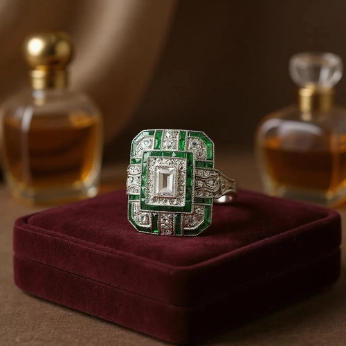 Art deco ring silver green - ring,