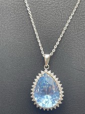Vintage 925 Sterling Silver Tova Blue Topaz Halo Necklace Pendent Blue 18-20”