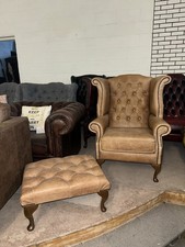 Chesterfield Tan Real Leather Wingback Chair With Footstool
