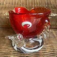 Vintage Murano Style Art Glass Fish Vase Red White Black Tri Lobe Hand Blown