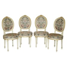 FOUR STUNNING ANTIQUE GOLD & SILVER LEAF EMBROIDERED FRENCH LOUIS DINING CHAIRS