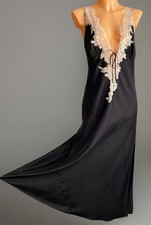 M&S Autograph Long Nightdress: Black 100% Shimmering Silk & White Lace, UK 12