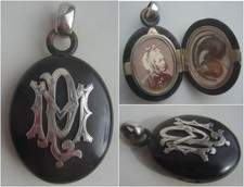 Victorian Huge Whitby Jet Silver Monogram Locket with Mourning Photo & Hair