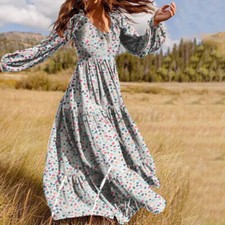 V-Neck Oversize Dress Patchwork Puff Stylish Long Dresses Maxi Women Sleeve+