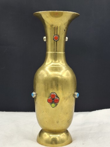 Vintage jewelled brass vase - vintage,