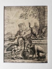 The Fox and the Crane Old Master Etching Dirk Stoop c 1665 Bird Drawing Reverse