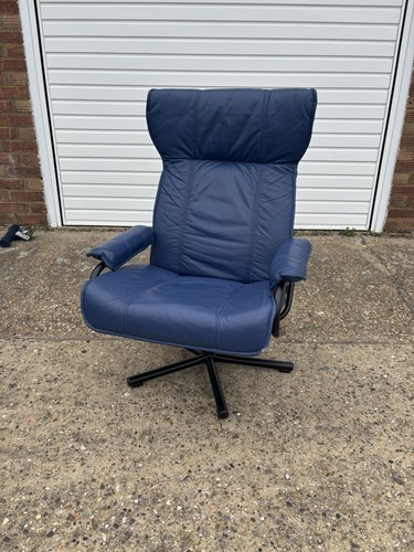 Blue leather swivel recliner - leather,
