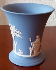 Wedgwood Jasperware blue flared top posy pot featuring the classical "Sacrifice"
