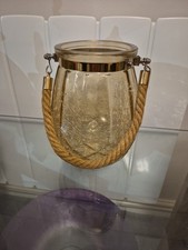 Smoked Glass Tea Light Hurricane Lantern CrackedPattern Rope Handle 7.5 high