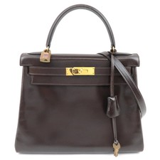 HERMES Kelly 28 Handbag 〇M Stamp (1983) Box Calf Brown Gold HDW Authentic