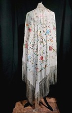 ?Antique Vintage Chinese Cream Silk Floral Embroidered Piano Shawl?