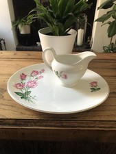 Vtg Burleigh Ware Pink Roses Meat Platter Gravy Jug Sandwich Cake Plate Creamer