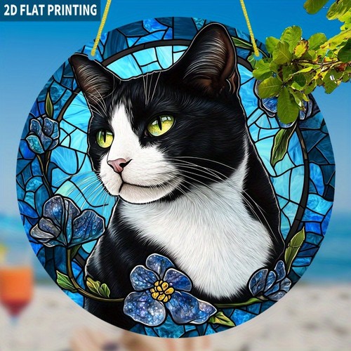 Black white cat blue floral - black,