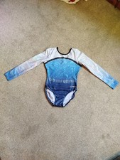 Quatro Long Sleeved gymnastics leotard. Size AXS. Blue and White With Gems.