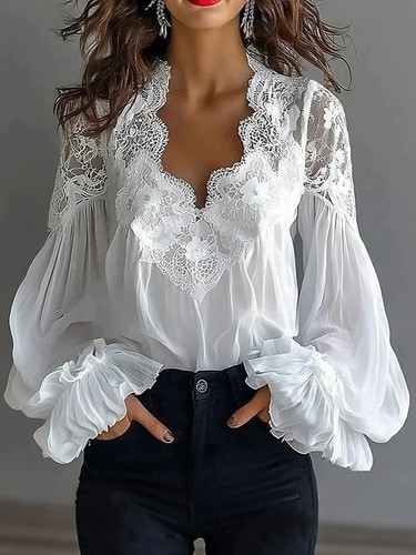 Women lace trim blouse long - lace,