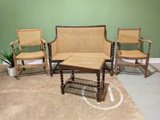 Antique Edwardian Bergere Suite Conservatory Cane 4 Piece Barley Twist Oak Bench
